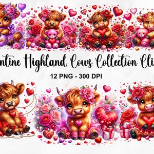 Può includere: Una collezione di 12 immagini clipart digitali a tema San Valentino con mucche Highland vestite con abiti rossi e rosa con cuori e fiori. Le mucche tengono cuori e orsacchiotti. Il testo "Valentine Highland Cows Collection Clipart" e "12 PNG - 300 DPI" è incluso nell'immagine.