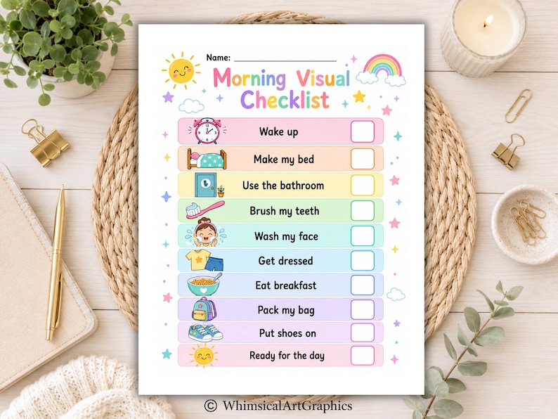 May include: A Morning Visual Checklist printed on white paper with colorful pastel rows. It features icons for tasks like waking up, making a bed, brushing teeth, and packing a bag, each with a blank checkbox. The header includes a sun and rainbow.