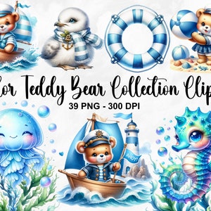 水彩画の船乗りテディベア コレクション クリップアート、39 PNG 赤ちゃんクマ クリップアート、海辺の保育園クリップアート、ビーチ クリップアート、海の生き物、商用利用
