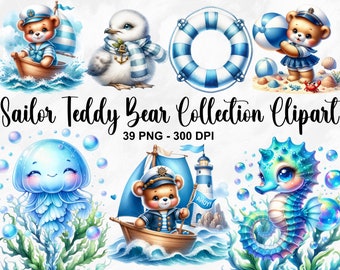 Watercolor Sailor Teddy Bear Collection Clipart, 39 PNG Baby Bear Clipart, Nautical Nursery Clipart, Beach Clipart, Sea Life, Commercial Use