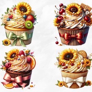 Watercolor Sunflower Cupcakes Collection Clipart, 18 PNG Sunflower Clipart, Cupcake Clipart, Dessert Clipart PNG, Summer PNG, Commercial Use image 4