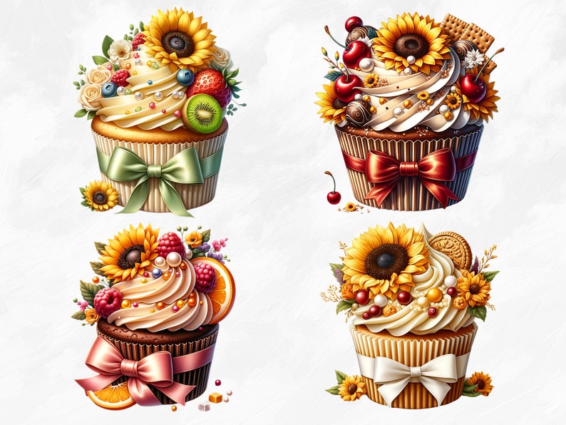 Watercolor Sunflower Cupcakes Collection Clipart, 18 PNG Sunflower Clipart, Cupcake Clipart, Dessert Clipart PNG, Summer PNG, Commercial Use image 4