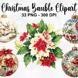 Watercolor Christmas Bauble Clipart, 33 PNG Christmas Decoration Clipart, Christmas Clipart, Christmas Bauble PNG, Commercial Use