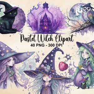 Watercolor Pastel Witch Clipart, 40 PNG Watercolor Witch Clipart, Fantasy Witch Bundle, Fantasy Clipart, Instant Download, Commercial Use