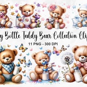 Acquerello biberon Teddy Bear Clipart, 11 PNG Teddy Bear Clipart, Clipart biberon, Nursery Decor, Baby Bear PNG, Uso commerciale