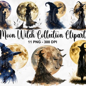 May include: A collection of watercolor illustrations featuring witches silhouetted against a full moon. The images showcase witches in various poses, with bats, and with a cat. The text "Moon Witch Collection Clipart" is displayed.