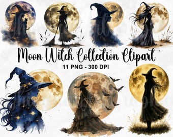 Watercolor Moon Witch Collection Clipart, 11 PNG Halloween Clipart, Moon Witch PNG, Gothic Witch Clipart, Witch PNG Bundle, Commercial Use