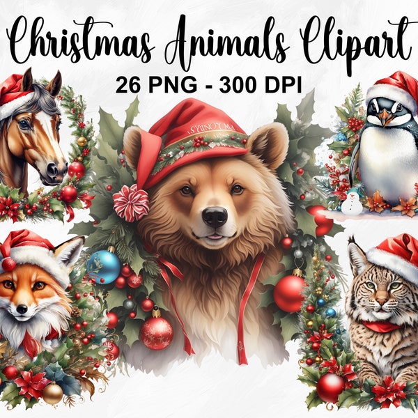 Watercolor Christmas Animals Clipart, 26 PNG Woodland Animals Clipart, Winter Animals Clipart, Holiday Clipart, Commercial Use