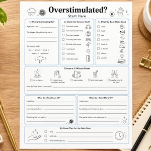 May include: A white paper worksheet titled Overstimulated? Start Here, featuring black text and line art icons organized into sections for sensory tracking, 5-minute resets, and planning. The layout includes checkboxes and blank lines for writing responses.