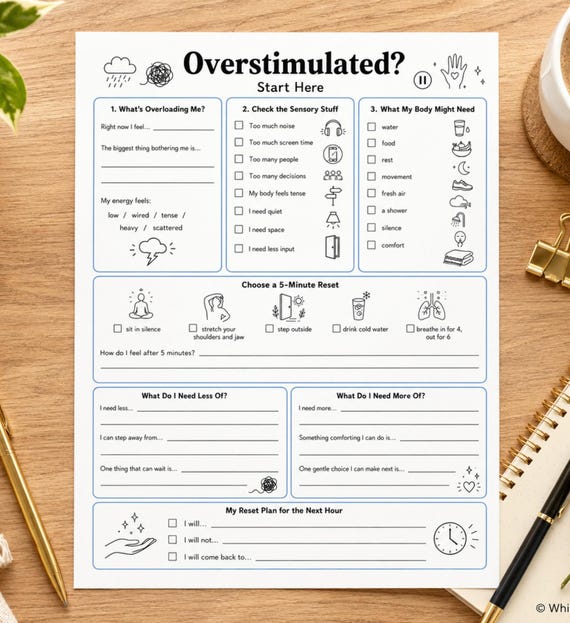 Overstimulated Worksheet, Nervous System Reset Printable, Emotional Regulation Worksheet, Anxiety Stress Relief, Digital Download PDF
