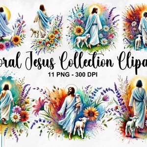 Watercolor Floral Jesus Collection Clipart, 11 PNG Floral Christian Clipart, Jesus Christian PNG, Jesus Sublimation Bundle, Commercial Use