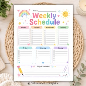 May include: A printed weekly schedule planner page featuring pastel colors, a rainbow, a smiling sun, and seven daily sections with checkboxes. The header reads Weekly Schedule, and the bottom section is labeled Things to remember with a pencil icon.