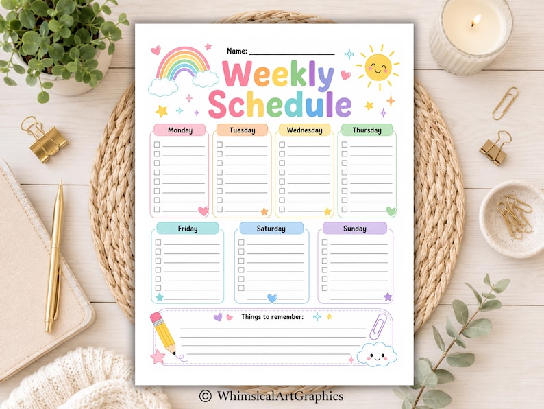 May include: A printed weekly schedule planner page featuring pastel colors, a rainbow, a smiling sun, and seven daily sections with checkboxes. The header reads Weekly Schedule, and the bottom section is labeled Things to remember with a pencil icon.