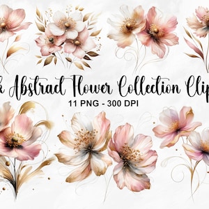 Aquarell rosa abstrakte Blumensammlung Clipart, 11 PNG Frühlingsblumen Clipart, rosa Goldblume, Florales Clipart-Bundle, kommerzielle Nutzung