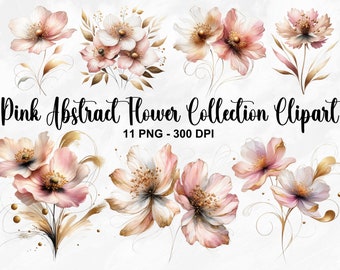 Watercolor Pink Abstract Flower Collection Clipart, 11 PNG Spring Flowers Clipart, Pink Gold Flower, Floral Clipart Bundle, Commercial Use