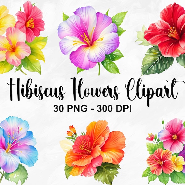 Watercolor Hibiscus Flowers Clipart, 30 PNG Hibiscus Clip Art, Hawaiian Flower Png, Tropical Clipart, Hibiscus Flower Bundle, Commercial Use