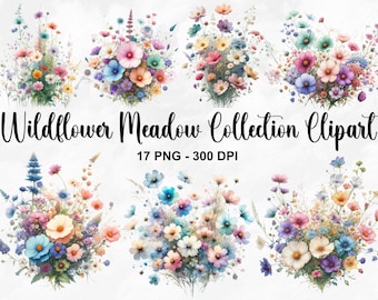 May include: A digital clipart collection of 17 watercolor wildflower bouquets in shades of pink, blue, purple, and yellow. The bouquets are arranged in a grid pattern on a white background. The text "Wildflower Meadow Collection Clipart" and "17 PNG - 300 DPI" is displayed below the bouquets.