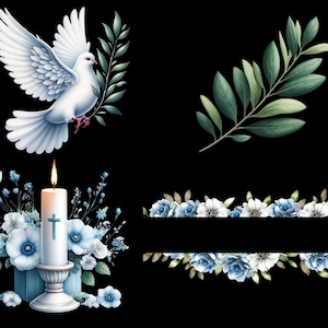 Pu&ograve; includere: Una colomba bianca con rami di ulivo, una candela bianca con una croce e un bordo floreale con fiori blu e bianchi.