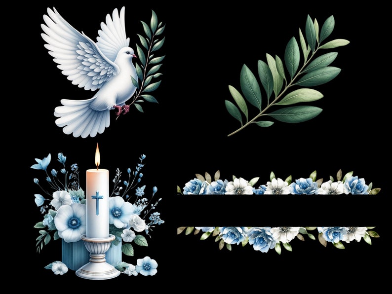 Pu&ograve; includere: Una colomba bianca con rami di ulivo, una candela bianca con una croce e un bordo floreale con fiori blu e bianchi.