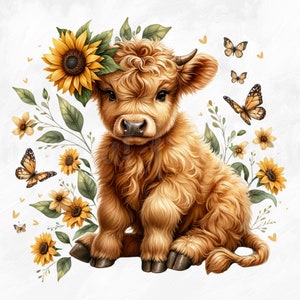 Watercolor Sunflower Highland Cows Collection Clipart, 9 PNG Spring Flowers Clipart, Baby Animal, Baby Cow Clipart Bundle, Commercial Use image 6