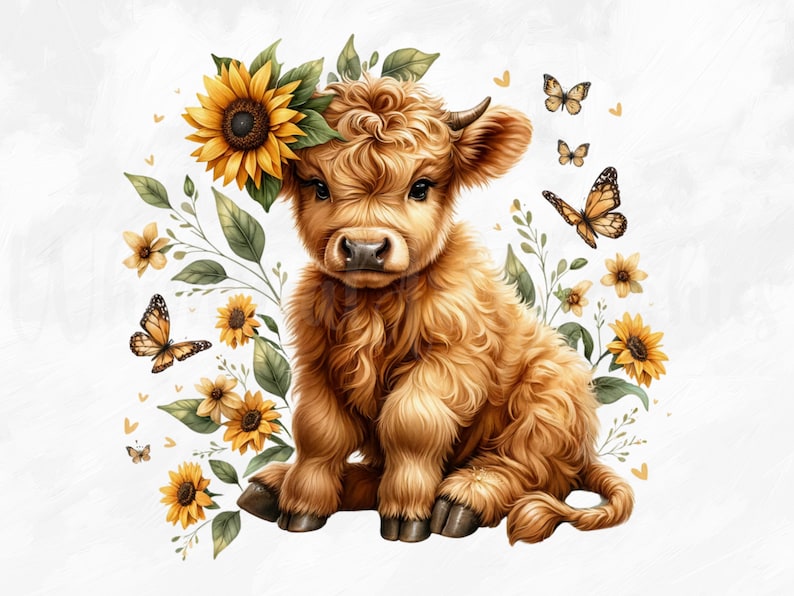 Watercolor Sunflower Highland Cows Collection Clipart, 9 PNG Spring Flowers Clipart, Baby Animal, Baby Cow Clipart Bundle, Commercial Use image 6