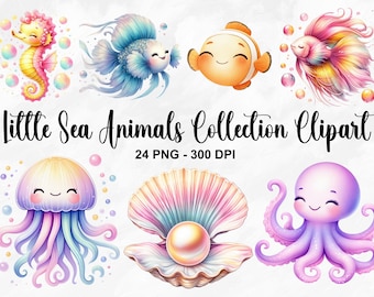 May include: A collection of 24 digital clipart images featuring cute, cartoon-style sea creatures. The images include a seahorse, a fish, an octopus, a jellyfish, and a seashell with a pearl. The images are in a bright, colorful style and are perfect for use in crafts, scrapbooking, and other creative projects.