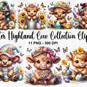 Watercolor Easter Highland Cow Collection Clipart, 11 PNG Spring Highland Cow Clipart, Baby Cow Clipart Bundle, Easter PNG, Commercial Use