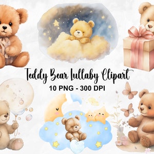 Aquarelle ours en peluche berceuse clipart, ours en peluche PNG Bundle, clipart bébé ours, Shower de bébé ours en peluche, téléchargement immédiat, usage Commercial