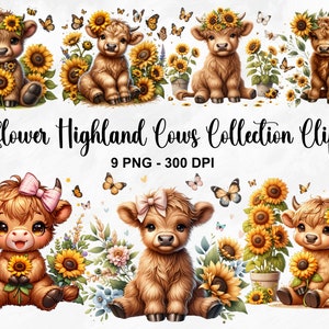 Watercolor Sunflower Highland Cows Collection Clipart, 9 PNG Spring Flowers Clipart, Baby Animal, Baby Cow Clipart Bundle, Commercial Use