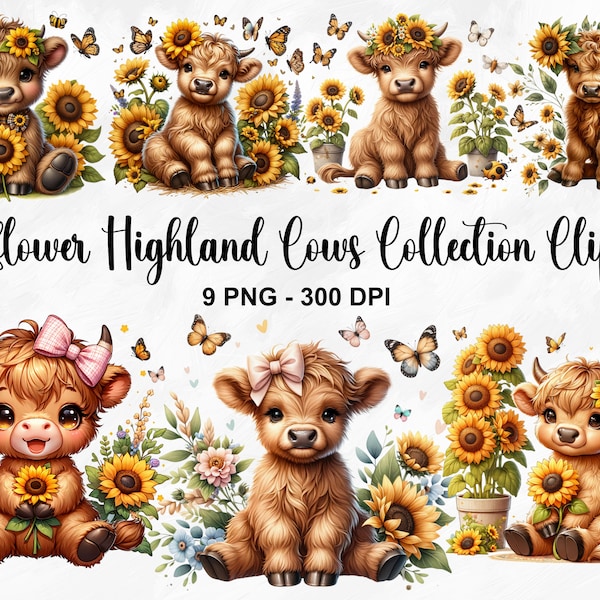 Watercolor Sunflower Highland Cows Collection Clipart, 9 PNG Spring Flowers Clipart, Baby Animal, Baby Cow Clipart Bundle, Commercial Use