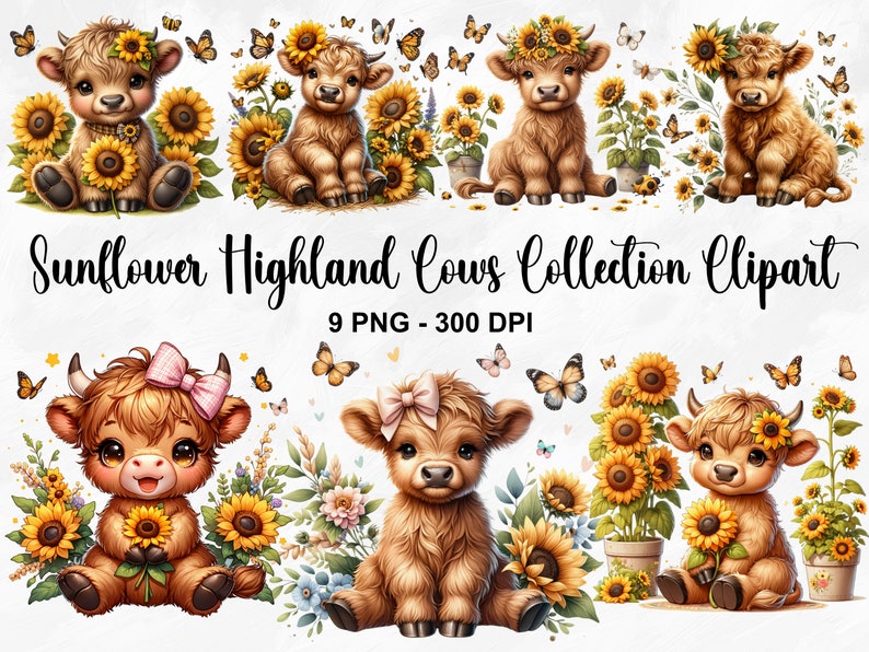 Watercolor Sunflower Highland Cows Collection Clipart, 9 PNG Spring Flowers Clipart, Baby Animal, Baby Cow Clipart Bundle, Commercial Use image 1