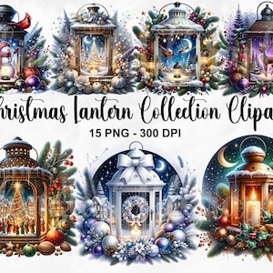 May include: A collection of Christmas lantern clipart images. Each lantern features a unique winter scene, including snowmen, reindeer, and festive decorations. The text "Christmas Lantern Collection Clipart" is displayed across the image.