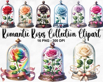 Puede incluir: Una colección de 10 imágenes de clipart digitales de rosas en cúpulas de vidrio. Cada rosa es de un color diferente, incluyendo rojo, rosa, blanco, azul, negro y arcoíris. Las rosas están rodeadas de corazones y destellos. Colección de rosas románticas Clipart 16 PNG - 300 DPI