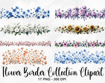 May include: A collection of 17 digital flower border clip art images. The borders feature various flowers in different colors, including blue, white, pink, yellow, and orange. The images are high-resolution and perfect for adding a touch of floral beauty to your digital projects.