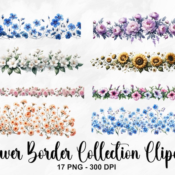 Watercolor Flower Border Collection Clipart, 17 PNG Floral Clipart, Floral Border Bundle, Spring Floral Clipart, Flower PNG, Commercial Use