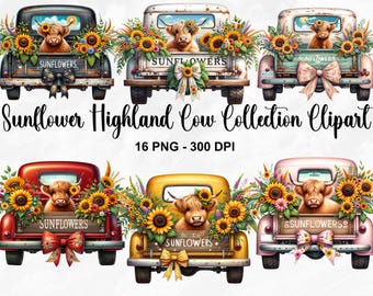 Sunflower Highland Cow PNG, 16 Highland Cow And Flowers PNG, Sunflower Truck Clipart, Highland Cow Sublimation, Watercolor Sunflower Clipart