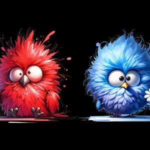 May include: Two cartoon birds, one red and one blue, with large eyes and a flower in their beaks. The birds are standing on a black background.