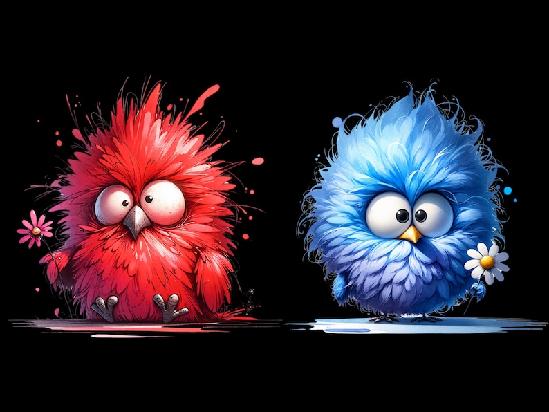 May include: Two cartoon birds, one red and one blue, with large eyes and a flower in their beaks. The birds are standing on a black background.