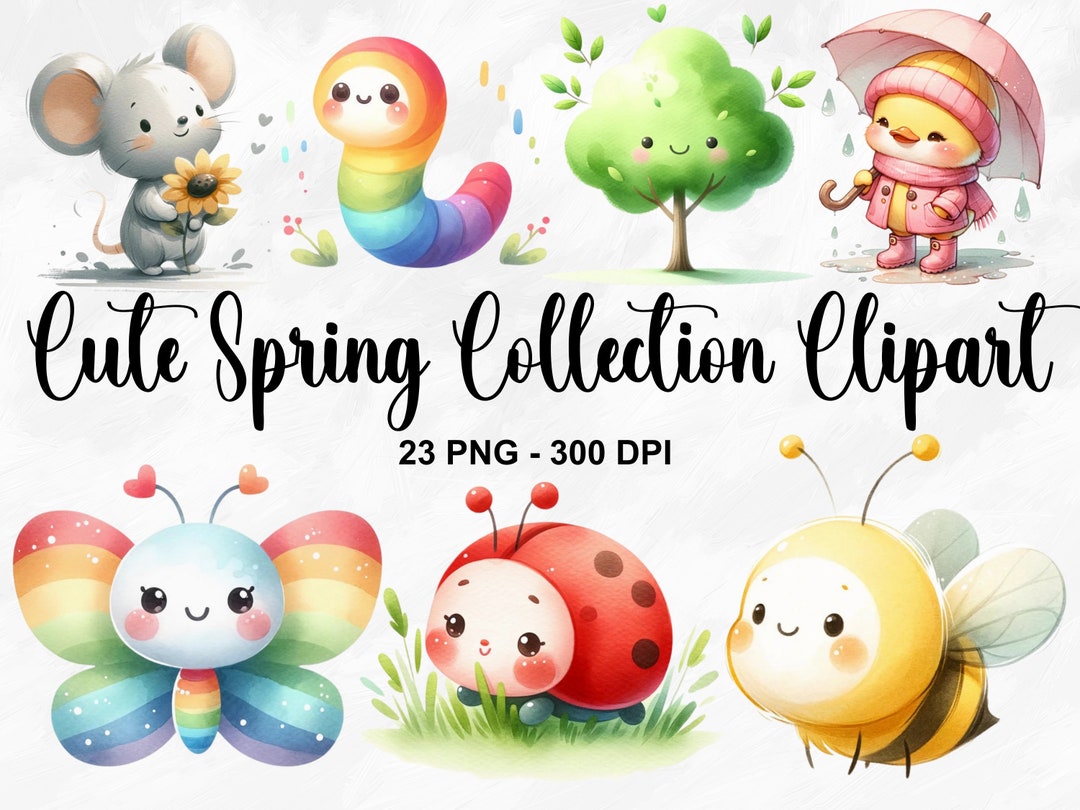 Watercolor Cute Spring Collection Clipart, 23 PNG Happy Spring Clipart ...