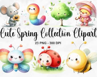 Watercolor Cute Spring Collection Clipart, 23 PNG Happy Spring Clipart, Spring PNG, Spring Garden, Nursery Clipart, Flowers, Commercial Use