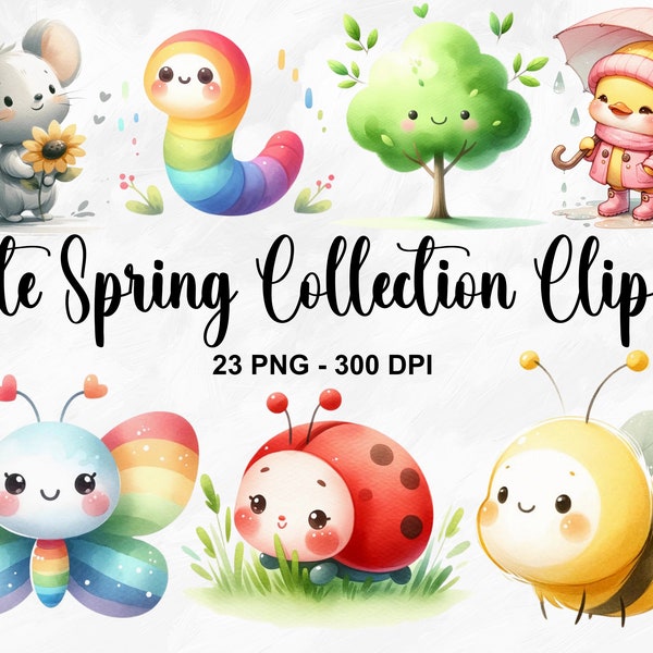 Watercolor Cute Spring Collection Clipart, 23 PNG Happy Spring Clipart, Spring PNG, Spring Garden, Nursery Clipart, Flowers, Commercial Use