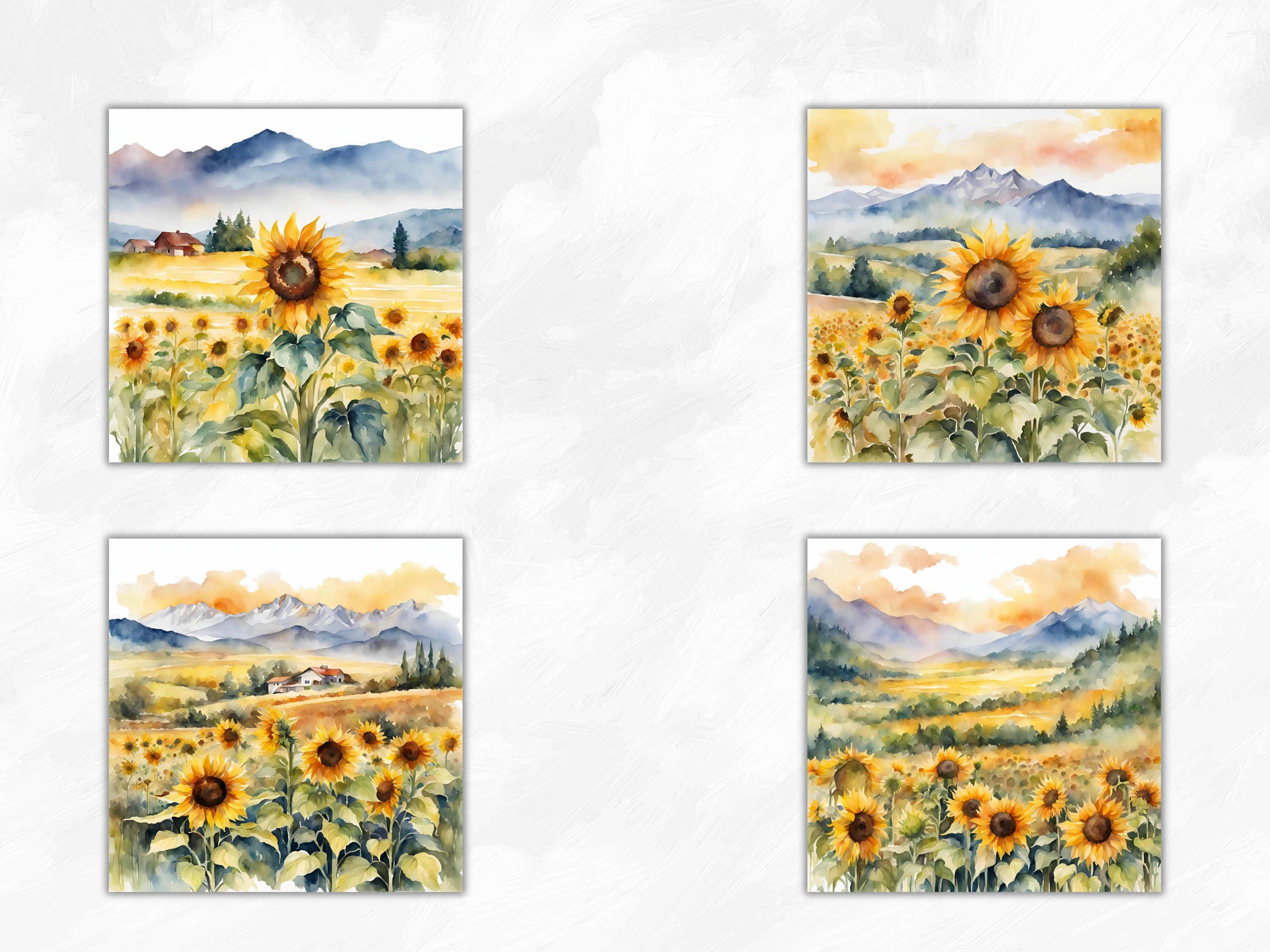 Watercolor Sunflowers Digital Paper, Sunflower Paper Pack, Mountain ...
