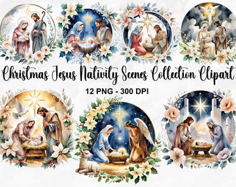 May include: Watercolor clipart collection featuring various scenes of the Nativity of Jesus. Each circular design includes Mary, Joseph, and baby Jesus, surrounded by floral arrangements and a star. The text "Christmas Jesus Nativity Scenes Collection Clipart" is displayed.