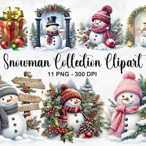 Aquarell Schneemann Sammlung Clipart, 11 PNG Schneemann Clipart, Kartenherstellung, Winterferien, Schneemann PNG verstecken, kommerzielle Nutzung