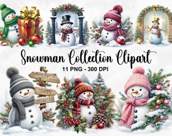 Clipart della collezione di pupazzo di neve dell’acquerello, clipart di pupazzo di neve sbirciato 11 PNG, creazione di cartoline, vacanze invernali, pupazzo di neve nascosto PNG, uso commerciale