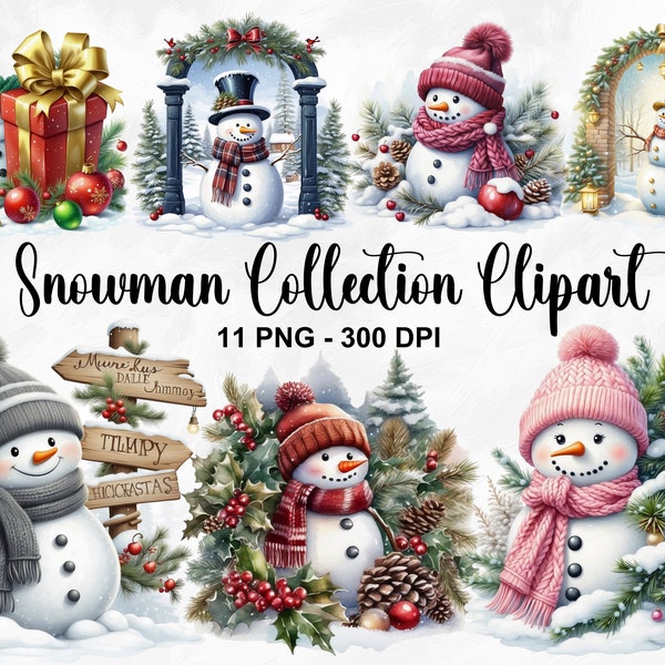 Watercolor Snowman Collection Clipart, 11 PNG Peeking Snowman Clipart, Card Making, Winter Holidays, Hiding Snowman PNG, Commercial Use