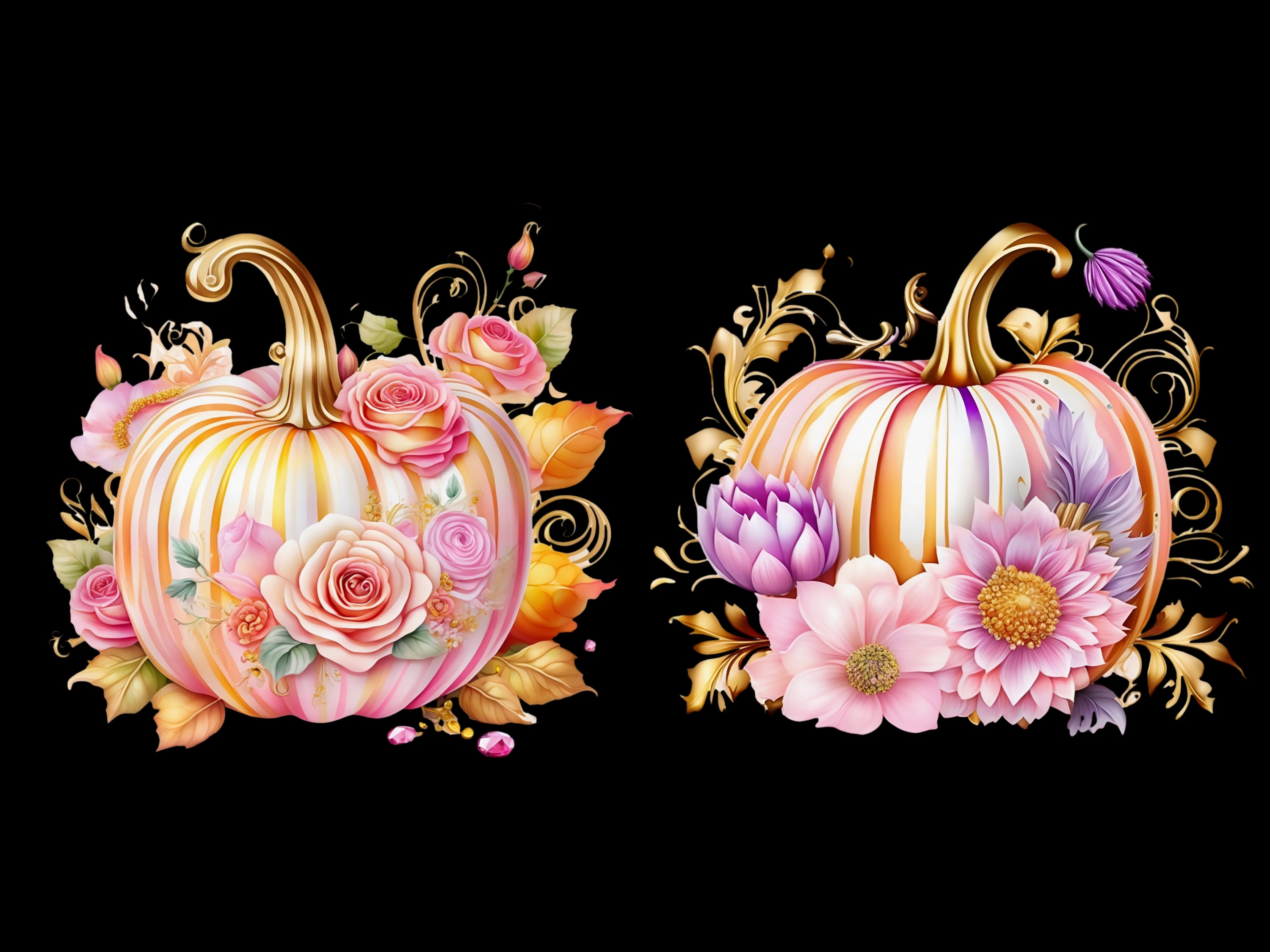 Watercolor Pink & Gold Pumpkin Collection Clipart, 10 PNG Pumpkins ...