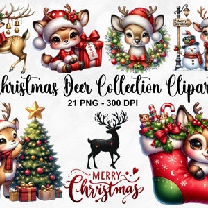 Aquarel kerst herten collectie clipart, 21 PNG schattige herten clipart, schattige dieren clipart, feestelijke beelden, kerst png, commercieel gebruik