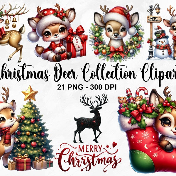 Watercolor Christmas Deer Collection Clipart, 21 PNG Cute Deer Clipart, Cute Animals Clipart, Festive Images, Christmas PNG, Commercial Use