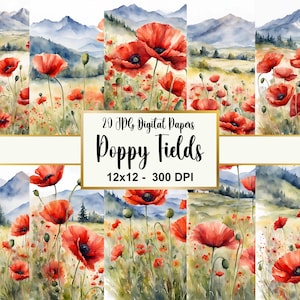 Bergmohnfelder Digitales Papier, Mohnfelder Hintergrund, Erinnerungsbücher, Journalpapier, Scrapbook-Papier, Mohnblumen-Digitalpapierpaket